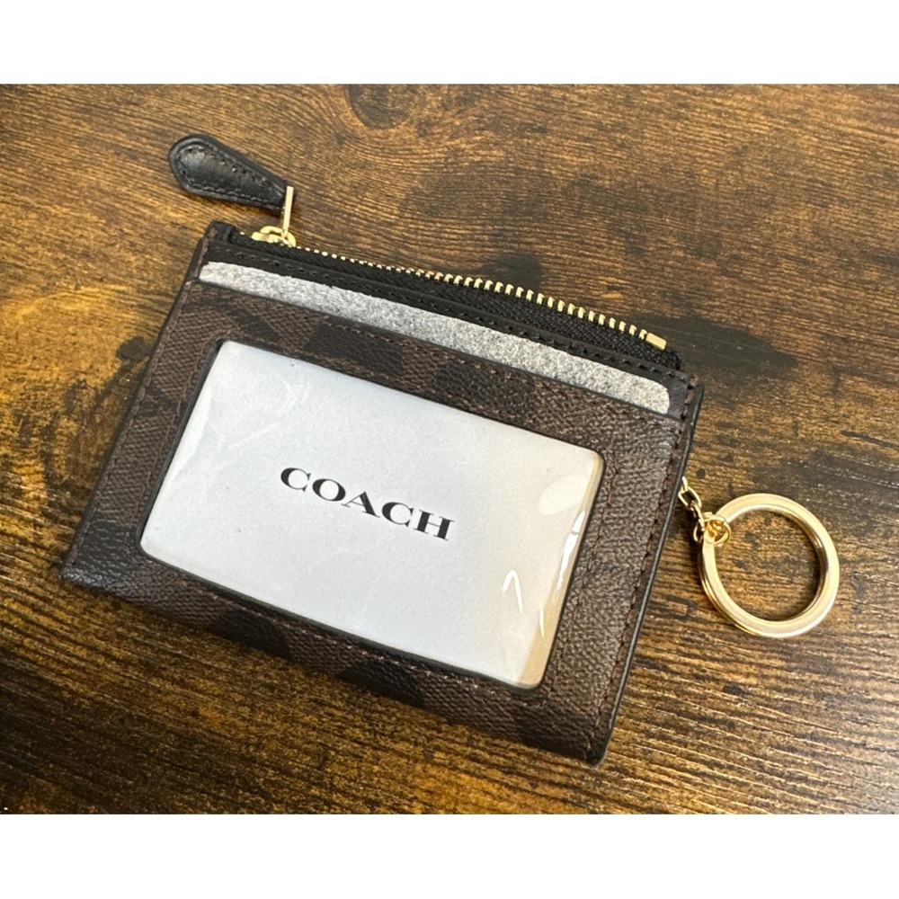 NEW Coach Signature 88208 Mini Skinny Id Case Crossgrain Leather Brown Black - Picture 6 of 9